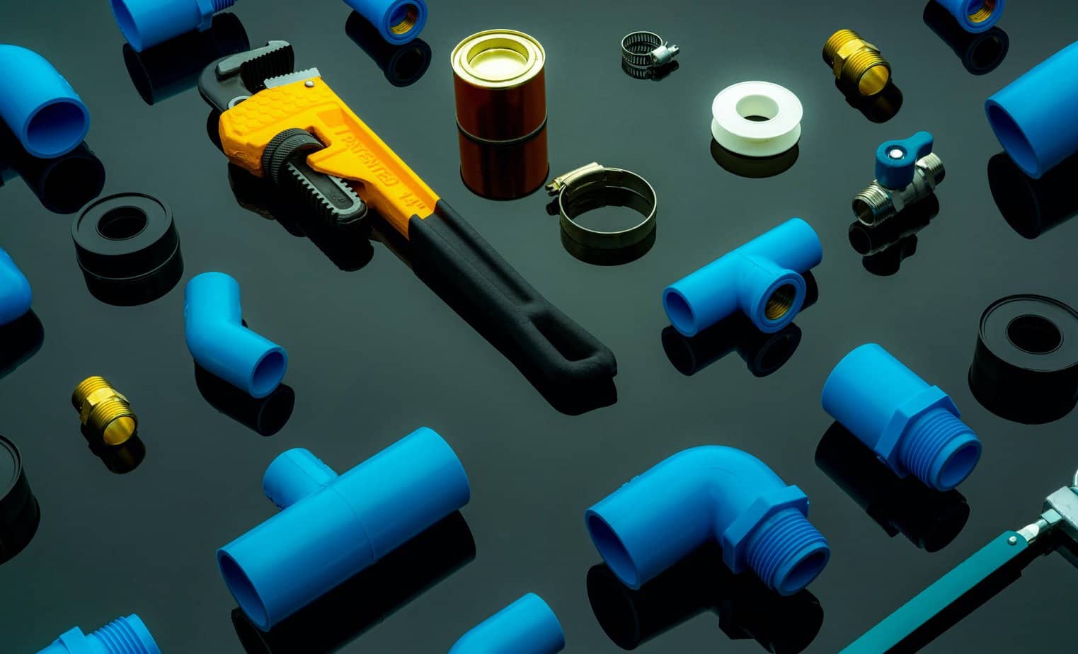 Plumbing products with Blue PVC pipe fittings and valves